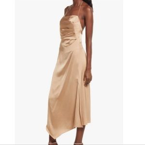 Significant Other One Another Asymmetrical Hem Cocktail Midi Dress in Dark Gold